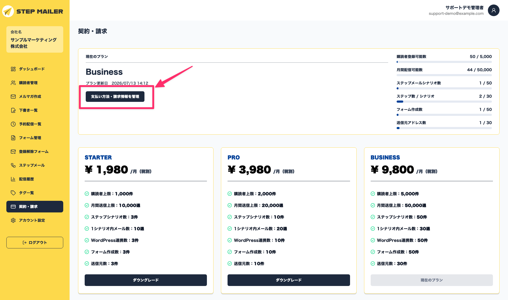 契約・請求画面の支払い方法と請求情報を管理する項目